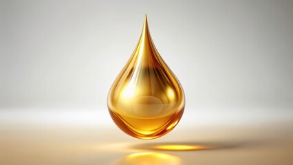 Elegant, shimmering droplet of golden oil suspended in mid-air on a pristine white background, radiating an otherworldly glow , sophistication, refined beauty