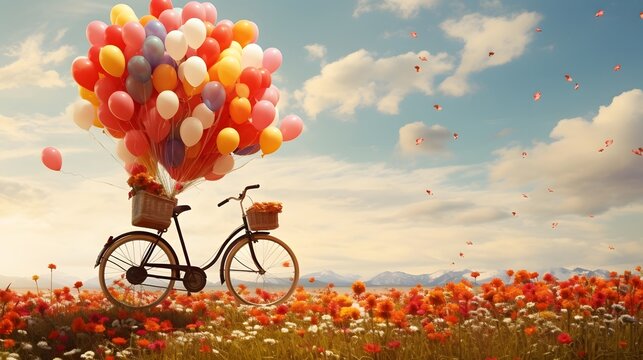 A colorful bunch of balloons tied to a bicycle creating a whimsical scene in a serene field filled with lush flowers and greenery  The image evokes a sense of adventure freedom and childlike wonder