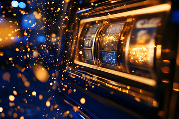 dynamic slot machine in motion with sparkling lights and vibrant colors creates exciting atmosphere. gold and blue hues enhance thrilling experience of gaming