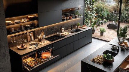 Functional kitchen with under-counter storage, modern appliances, and a large work surface.