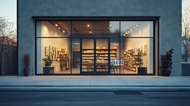 Modern bookstore front with warm lighting and inviting atmosphere in urban setting