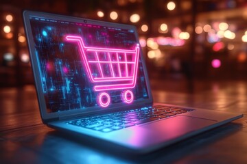 Shopping cart icon on a digital interface in neon colors