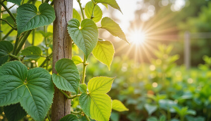 Obraz premium Sunlight shining on green leaves by wooden pole