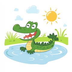 Naklejka premium Cartoon alligator swims in water under the sun, with grass, clouds, and sky