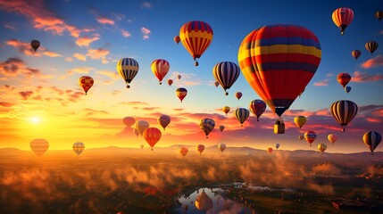 Naklejka premium Mesmerizing air balloon festival with multiple colorful hot air balloons taking flight at the stunning sunrise over a picturesque natural landscape