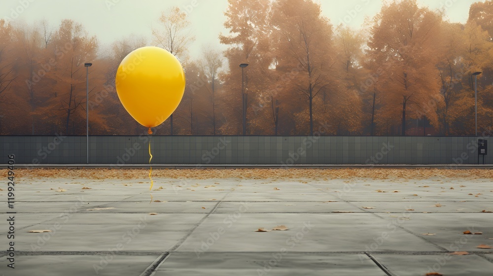 Poster a single bright yellow balloon floating effortlessly in an empty serene playground evoking a sense o