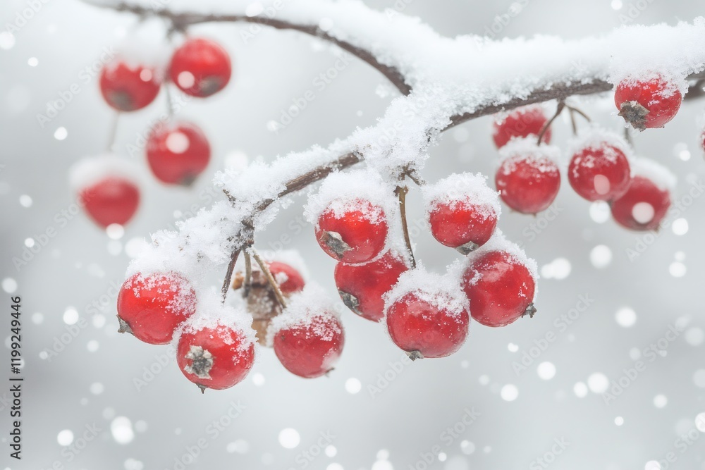 Poster snow falling on red berries of a winter tree