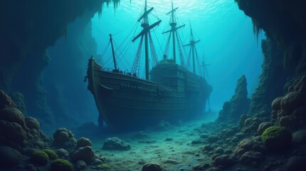 Obraz premium Exploring the sunken shipwreck beneath the ocean underwater scene marine environment deep sea mystery