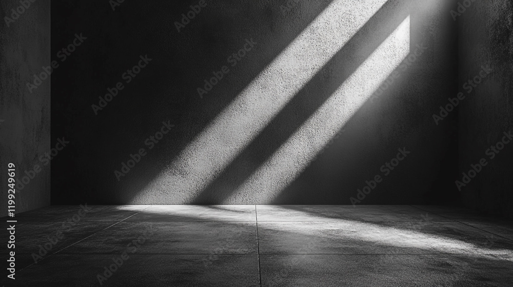 Poster light beams create unique patterns in an empty concrete space during daylight