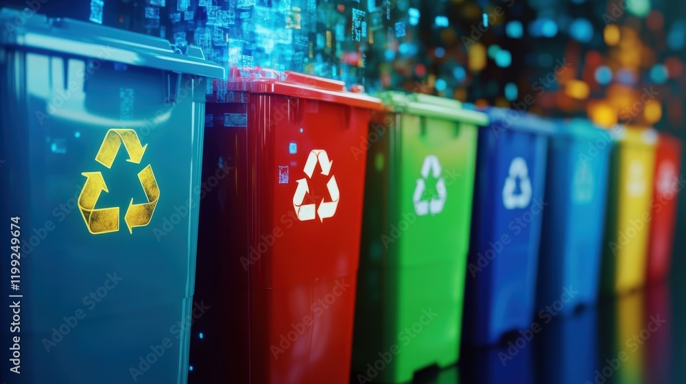 Poster a macro view of ecolabels on bins collected from the production floor marking different categories f