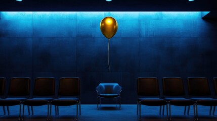 Solitary Golden Balloon in a Blue Lit Room