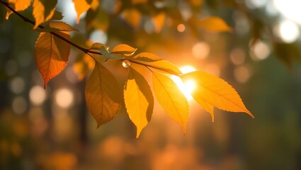 Fototapeta premium Sunset Glow on Dew-Kissed Leaves with Forest Bokeh - Nature Serenity Banner