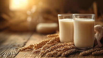 Freshly prepared drinks sit beside golden wheat stalks on a rustic wooden surface at sunset. Generative AI