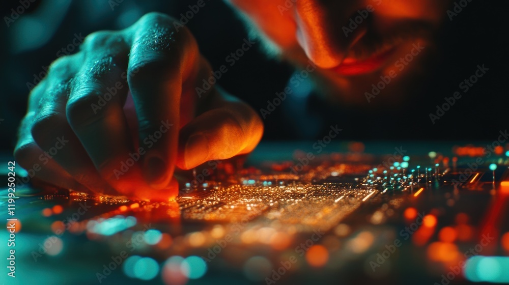 Poster a detailed look at a printed circuit board being soldered by hand showing the concentration of a tec