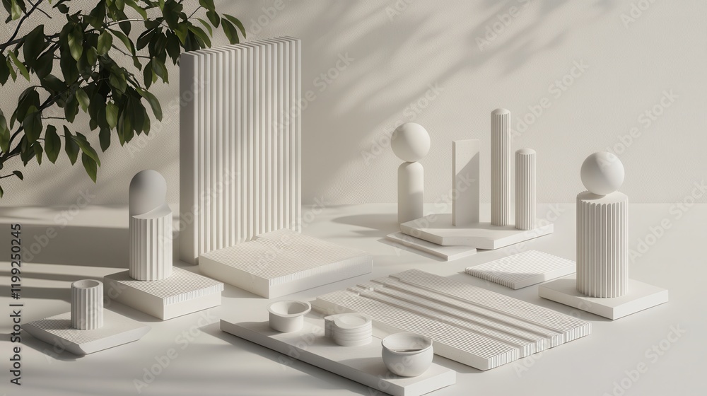 Poster minimalist white geometric shapes arranged artistically on a table with soft shadows and greenery