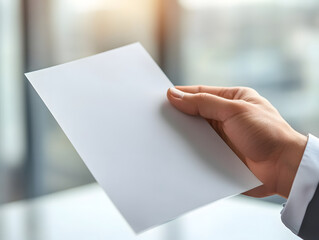 Fototapeta premium close up of hand holding blank sheet of paper, showcasing professional setting with soft lighting. image conveys sense of anticipation and readiness