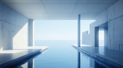 Obraz premium Minimalist architectural space with water and natural light.