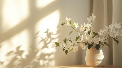 Sunlight casts elegant shadows on a wall behind white flowers in a vase in soft lighting © uswatun