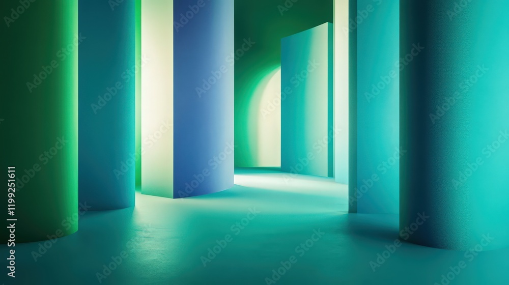 Poster abstract minimalist composition of vertical panels and cylinders with gradient lighting