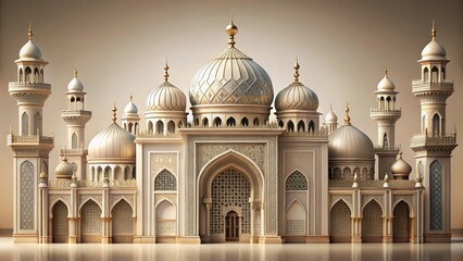Obraz premium Classic Islamic architecture-inspired design with intricate arches, domes, and minarets rendered in elegant silver and gold hues on a neutral beige background , arches, domes