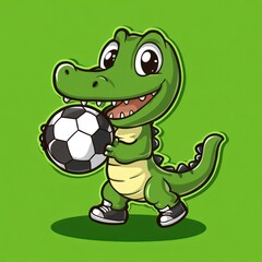Fototapeta premium Alligator holds a soccer ball with a green background for kids, cartoon image