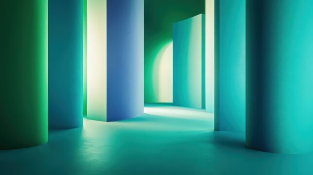 Abstract minimalist composition of vertical panels and cylinders with gradient lighting