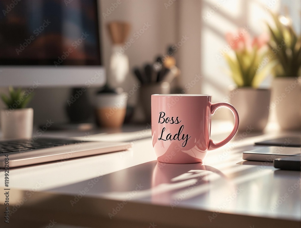 Poster cozy work setup on a reflective surface, featuring a pink mug with text, a computer keyboard, a smar