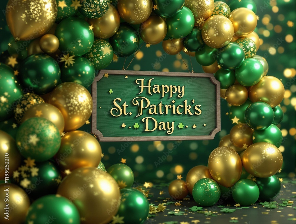 Poster festive st. patrick's day greeting with a wreath of green and gold balloons and a sign in the center