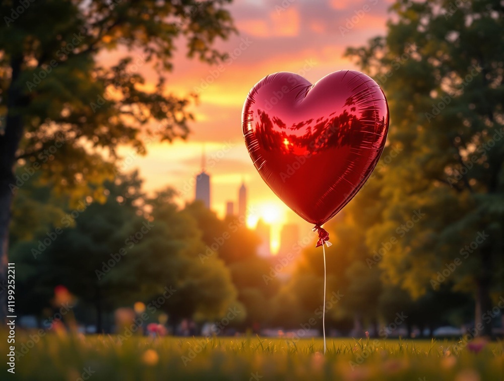 Poster red heart-shaped balloon tied to a string, floating in the air during a scenic sunset. in the backgr