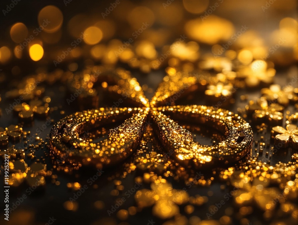 Poster a gold-colored decorative bow with a glittery texture, set against a dark, textured background with 