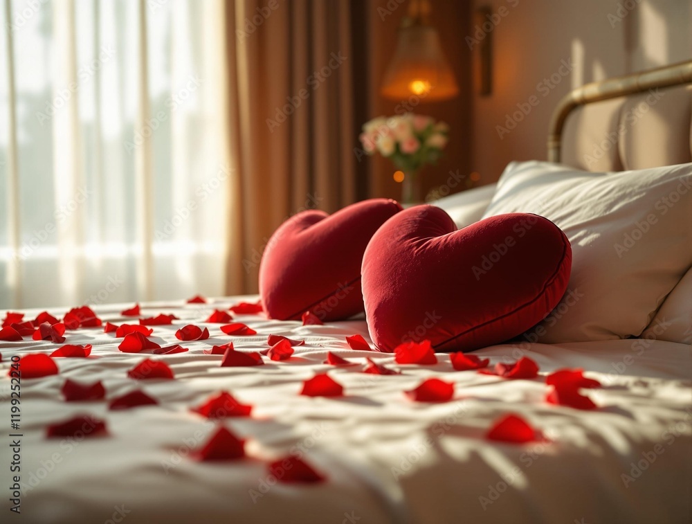 Aufkleber hotel room with a bed adorned with red heart-shaped pillows and rose petals scattered around. the ba