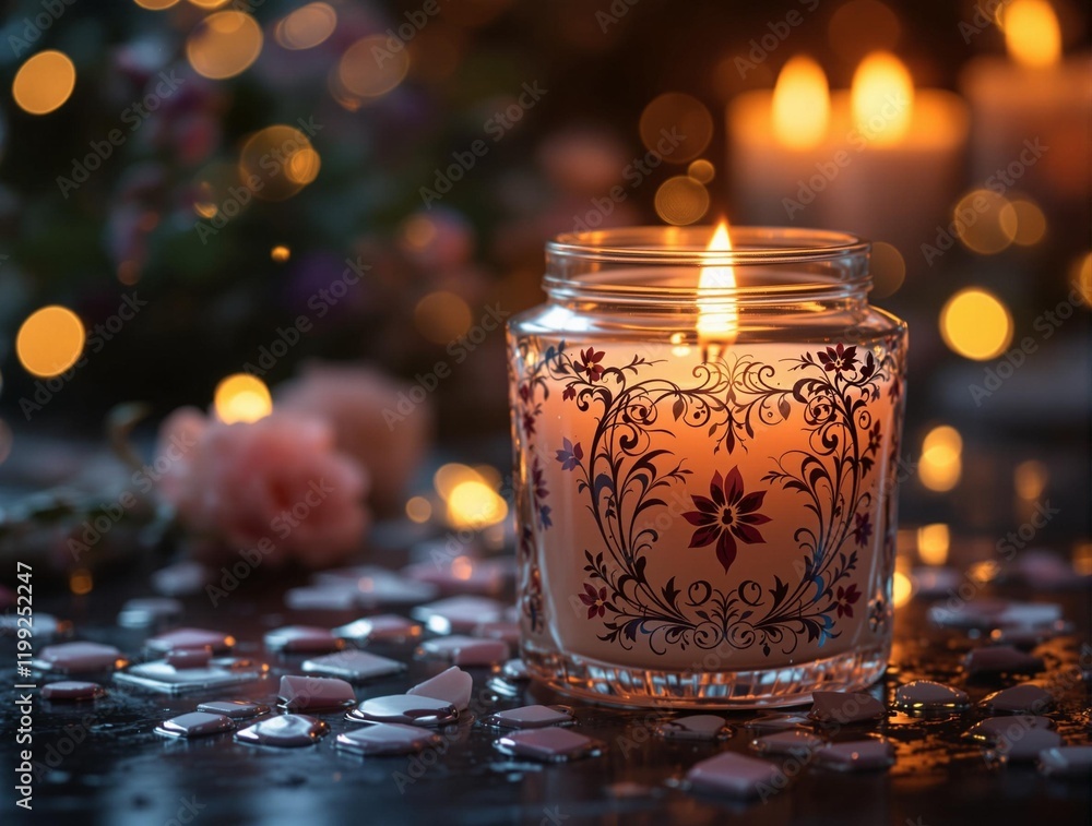 Poster close-up of a decorative glass jar with a floral design, containing a lit candle that casts a warm l