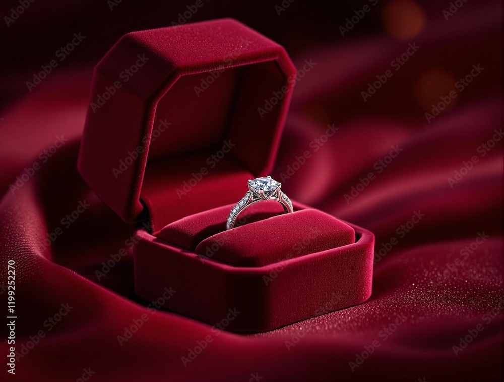 Aufkleber a ring placed in an open red velvet box, resting on a red satin surface with a blurred background.