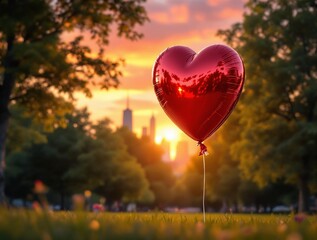 Fototapeta premium red heart-shaped balloon tied to a string, floating in the air during a scenic sunset. In the background, there are trees, a building, and a cloudy sky with a warm glow.