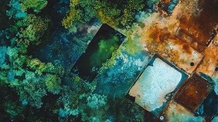 Abstract aerial view of rusted metal overgrown with vibrant green vegetation.  Nature reclaiming man-made structures.  Textured, colorful, unique.