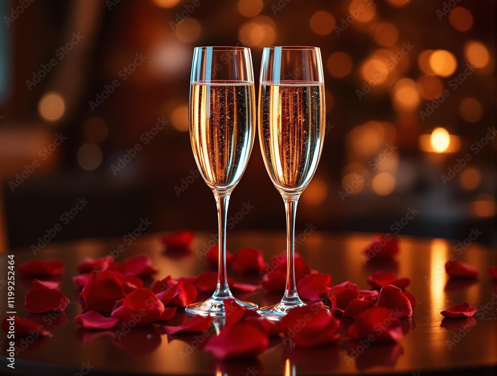Poster two wine glasses filled with champagne placed on a table covered with rose petals. the background fe