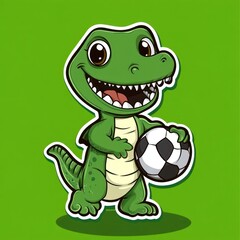 Green cartoon dinosaur holding a soccer ball in a bright green background for kids use