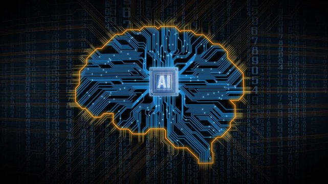 Artificial Intelligence brain animation concept. AI inside CPU - Central Processors Unit. Futuristic digital brain interface. AI deep learning computer machine
