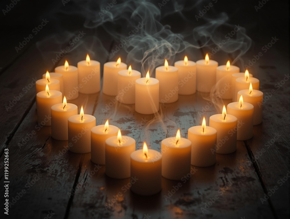 Poster wooden table with a heart-shaped arrangement of lit candles. the candles are arranged in a circular 