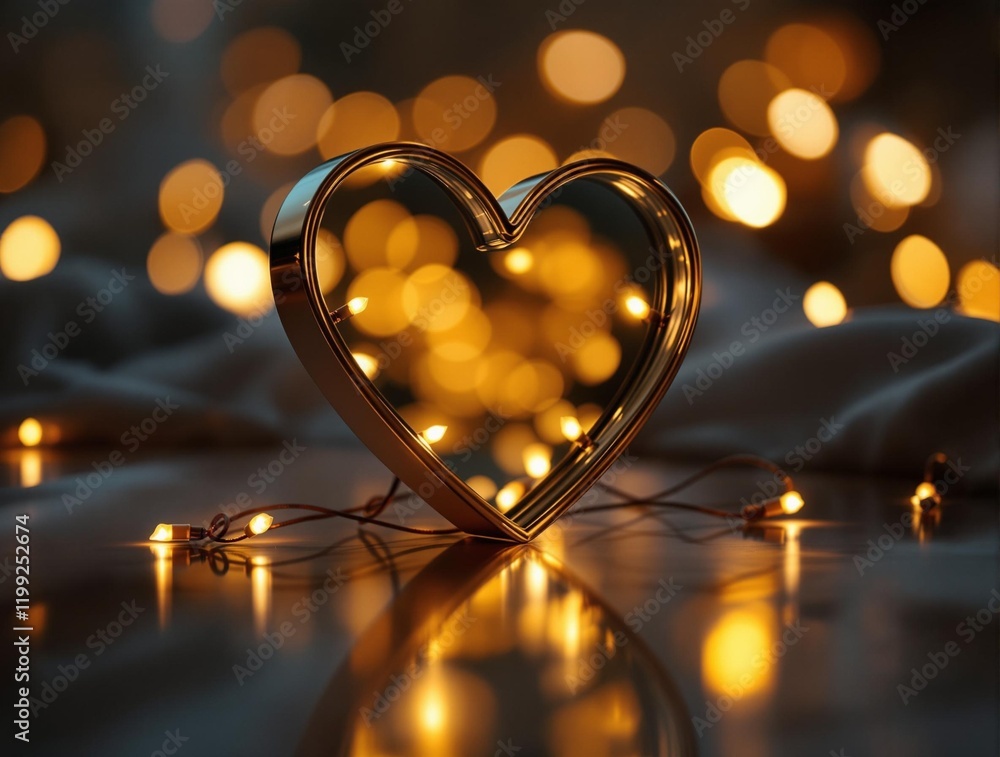Poster heart-shaped ornament with a golden light shining on it, placed on a reflective surface with a blurr