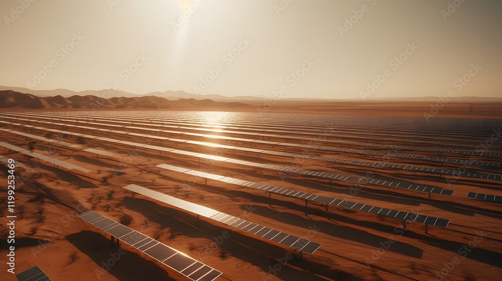 Poster aerial drone view showcasing the vast scale and expanse of a large scale solar farm nestled within a