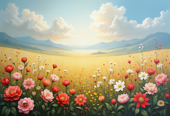 Beautiful Wildflower Meadow Under a Bright Sky with Scenic Distant Mountains. A serene landscape featuring vibrant wildflowers, a golden field, and distant mountains under a bright sky. 