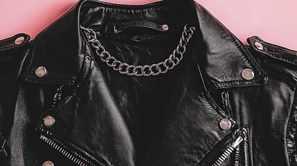 Black leather jacket, silver chain, pink background, fashion flatlay.