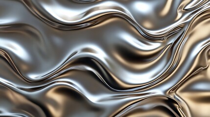 Abstract background of flowing liquid metal with metallic texture and waves.