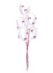 White balloons with red bows. St.Valentine’s gift. Watercolor illustration