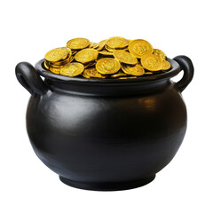 A black cauldron overflowing with golden coins symbolizing wealth and St. Patrick's Day