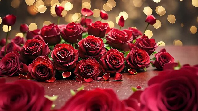 Luxurious Bouquet of Red Roses with Petals Scattered on a Glittery Surface and Warm Bokeh Lights


