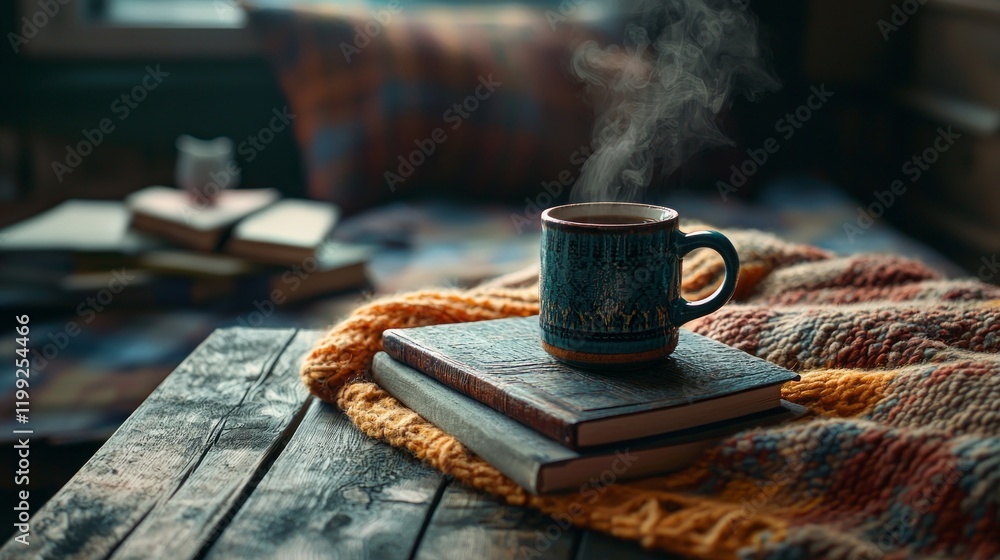 Poster A steaming mug sits atop vibrant stacks of books, surrounded by a soft, textured blanket. Sunlight filters through the window, creating a warm, inviting atmosphere perfect for curling up and reading