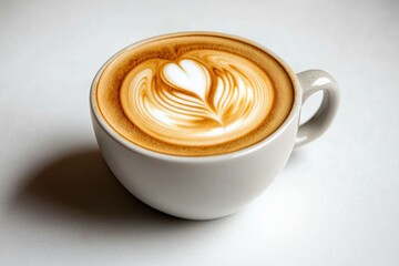 Creamy latte art showcases intricate heart design atop smooth co
