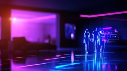 A futuristic scene with glowing silhouettes of three people walking hand in hand in a neon-lit interior, creating a vibrant and modern atmosphere.